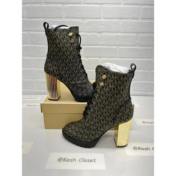 Michael Kors Porter Logo Lace Up Boots - Black/Gold - Picture 1 of 9